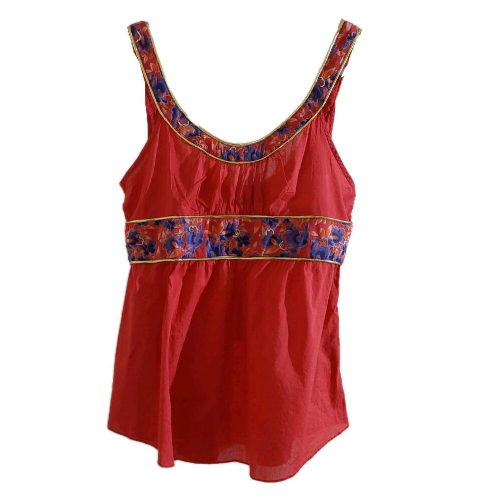 Free People Y2K Red Floral Top Camisole Gold Piping Beading Empire Waist M
